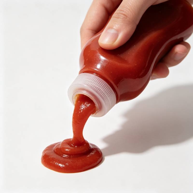 Squeeze plastic bottle pouring sauce for condiment packaging