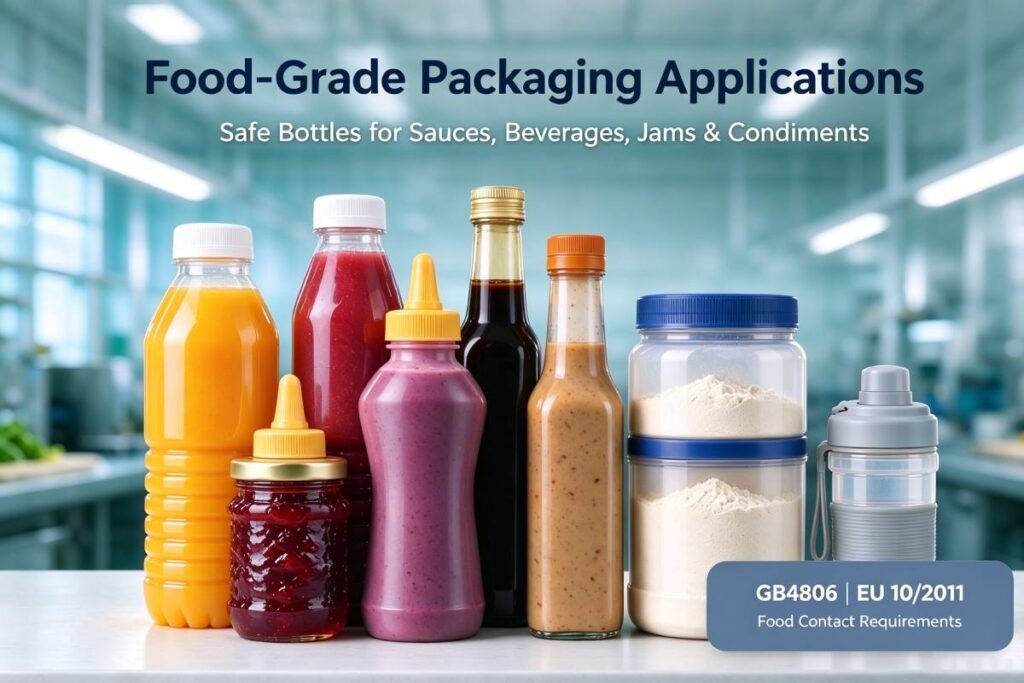 Assorted food safe plastic bottles for sauce, beverage and condiment packaging