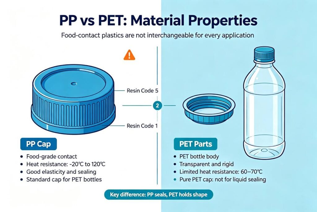 PP vs PET material properties for food bottle caps and containers