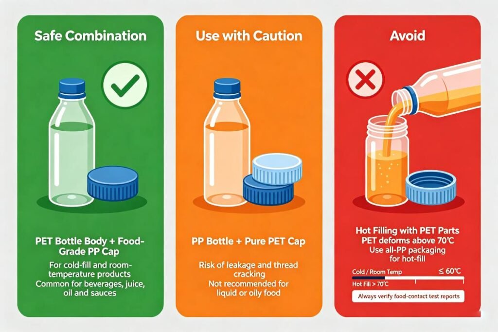 Safe and risky combinations of PP caps, PET caps and PET bottles