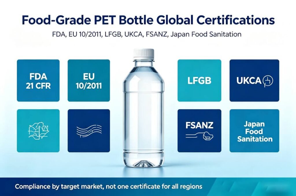 Global food contact certifications for food grade PET bottles, including FDA, LFGB, EU 10/2011, UKCA, FSANZ and Japan Food Sanitation