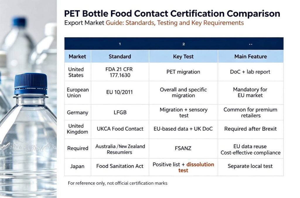 PET bottle food contact certification comparison table for export markets, covering FDA, EU 10/2011, LFGB, UKCA, FSANZ and Japan