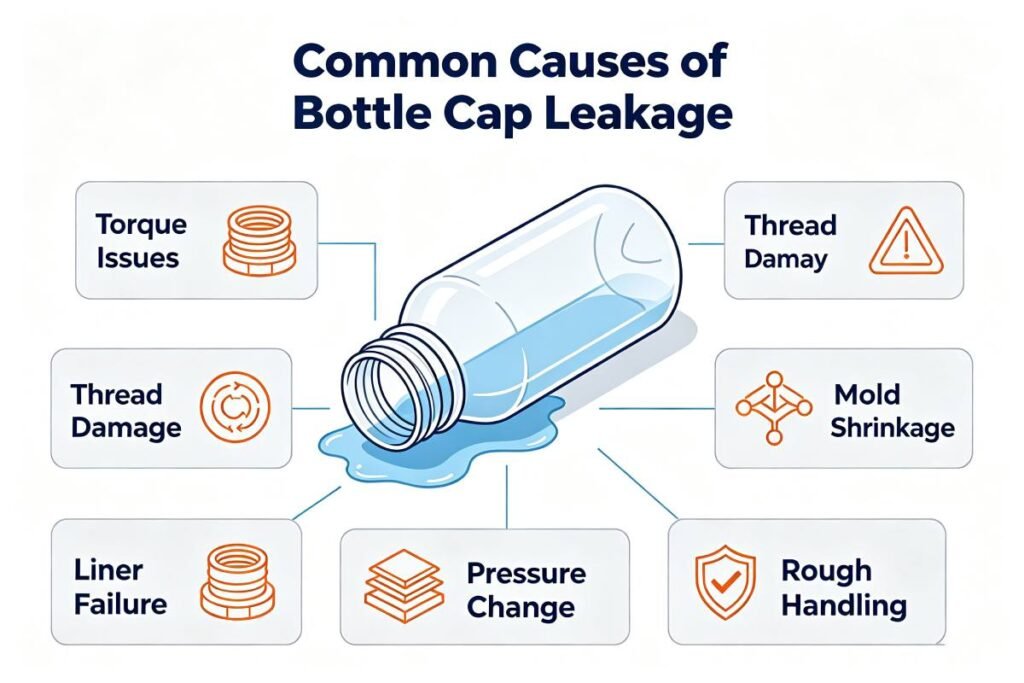 infographic showing common causes of plastic bottle cap leakage including improper torque, thread mismatch, liner damage and material shrinkage, food grade packaging bottle diagram, clean technical illustration for B2B packaging