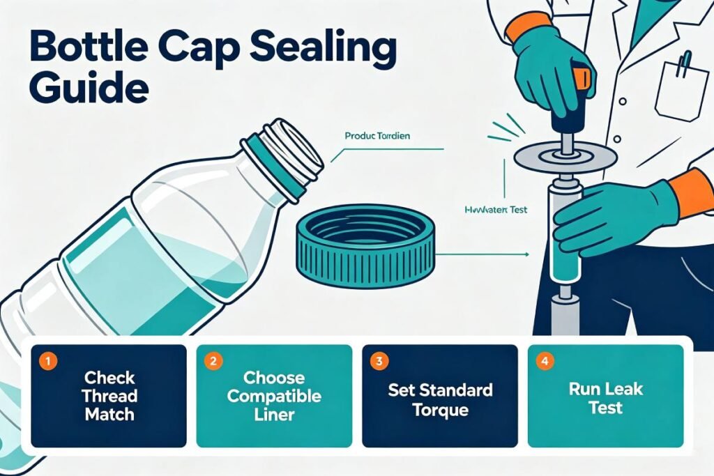 technical infographic of bottle cap sealing leak prevention, showing leak test methods and best practices for food plastic bottles and caps, industrial packaging illustration