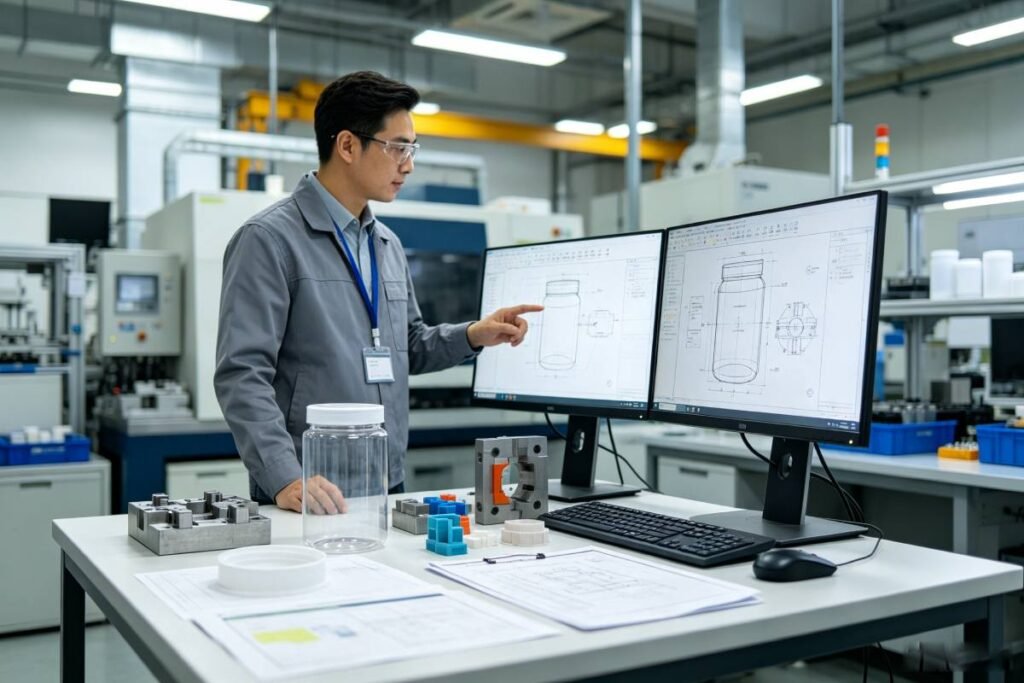 Engineering team reviewing custom jar CAD and DFM for mold development
