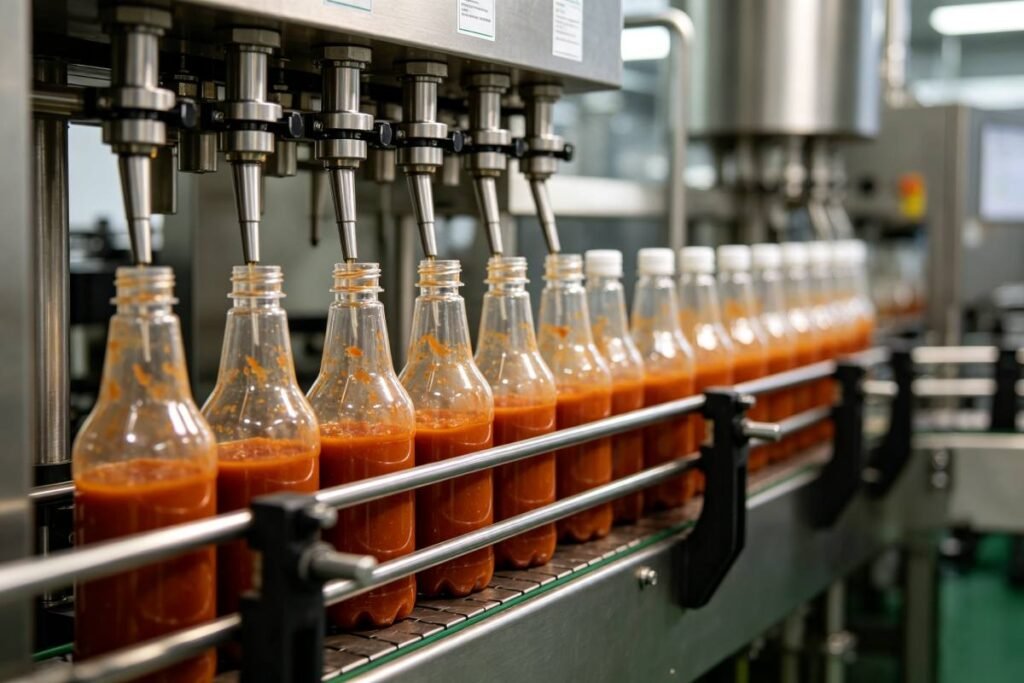 Automated sauce bottling line with plastic sauce bottles on conveyor belt