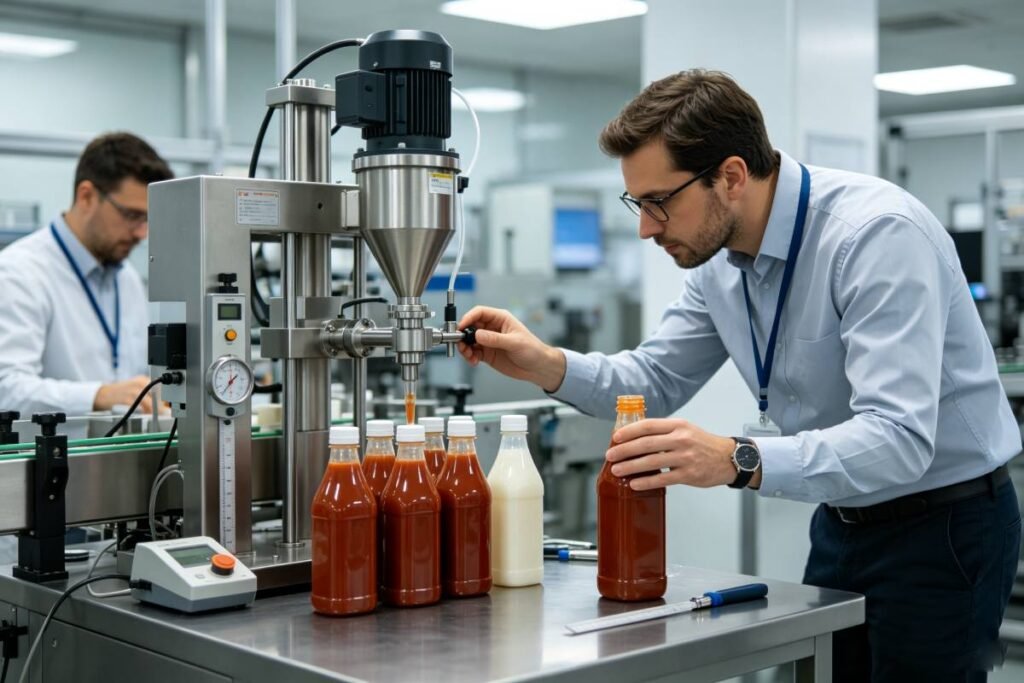 Engineers test sauce bottle compatibility on filling line equipment