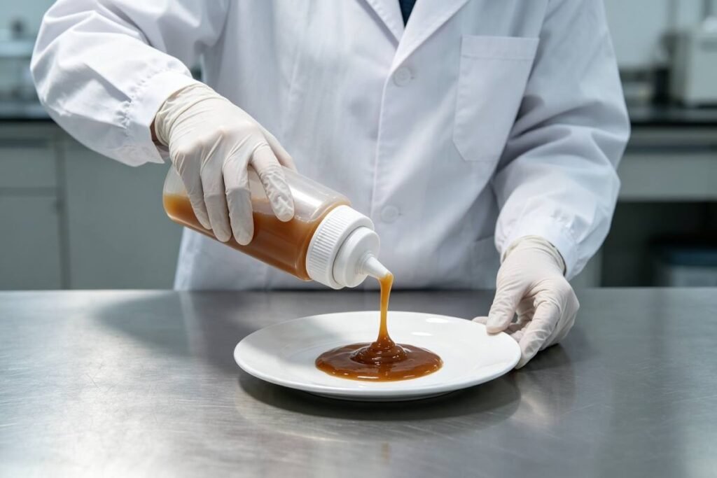 Food technician in white coat and sanitary gloves testing squeeze bottle dispensing performance by squeezing thick sauce into a white plate in a clean laboratory environment