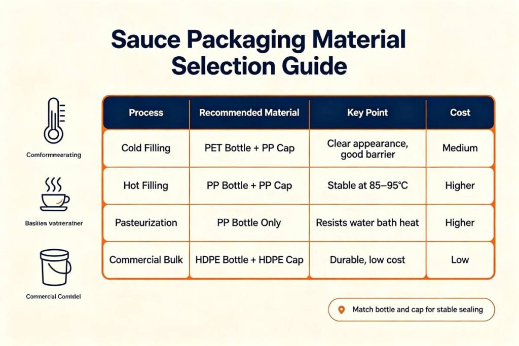 Sauce packaging material selection chart for cold filling hot filling pasteurization