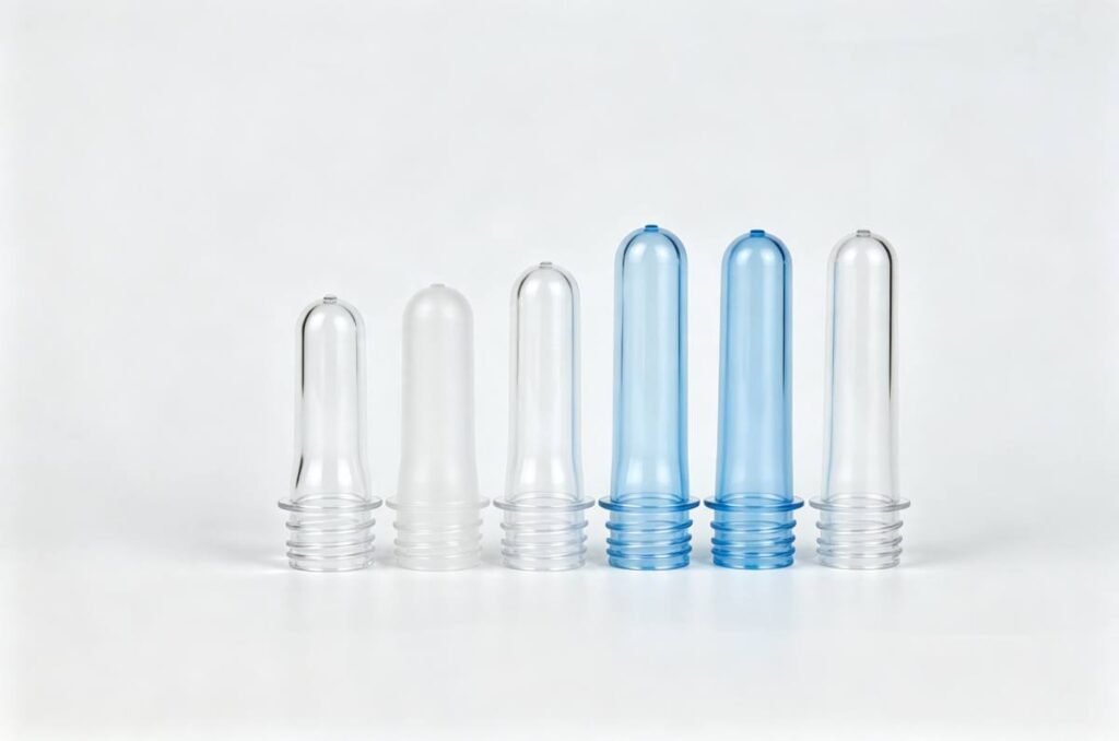 Group of transparent PET preforms with different neck diameters, one end with screw neck and one end with closed dome, white studio background, industrial product photography