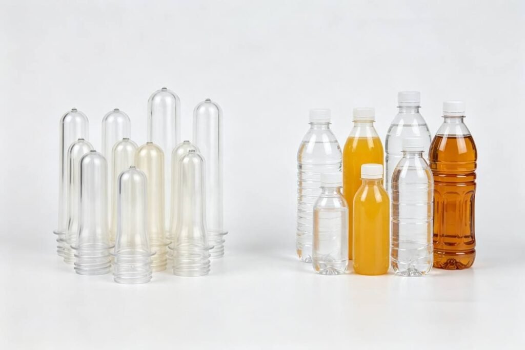 Left side shows colored and transparent PET preforms, right side shows matching beverage bottles for water, juice, sports drinks and iced tea, white studio background, industrial product photography