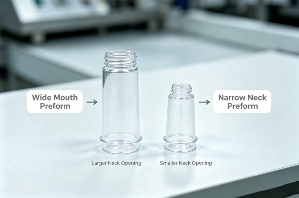 Wide mouth vs narrow neck PET preform comparison on factory workbench, showing neck opening difference for food packaging selection.
