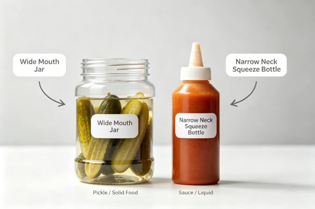 Finished wide mouth pickle jar and narrow neck squeeze sauce bottle for food packaging application comparison.