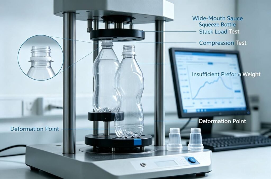 Wide-mouth PET sauce squeeze bottles under compression and stack load test in a packaging lab, showing deformation risk from insufficient preform weight.