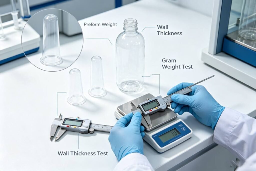 Laboratory test scene showing two PET preforms being weighed and measured for wall thickness, with a finished PET bottle for visual comparison.