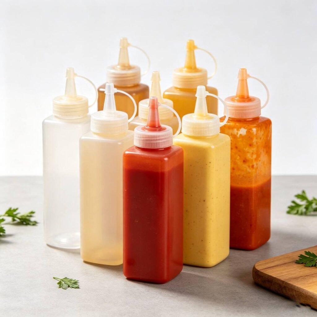 Multi-size food grade PP condiment squeeze bottles, leak proof plastic sauce bottles for commercial packaging