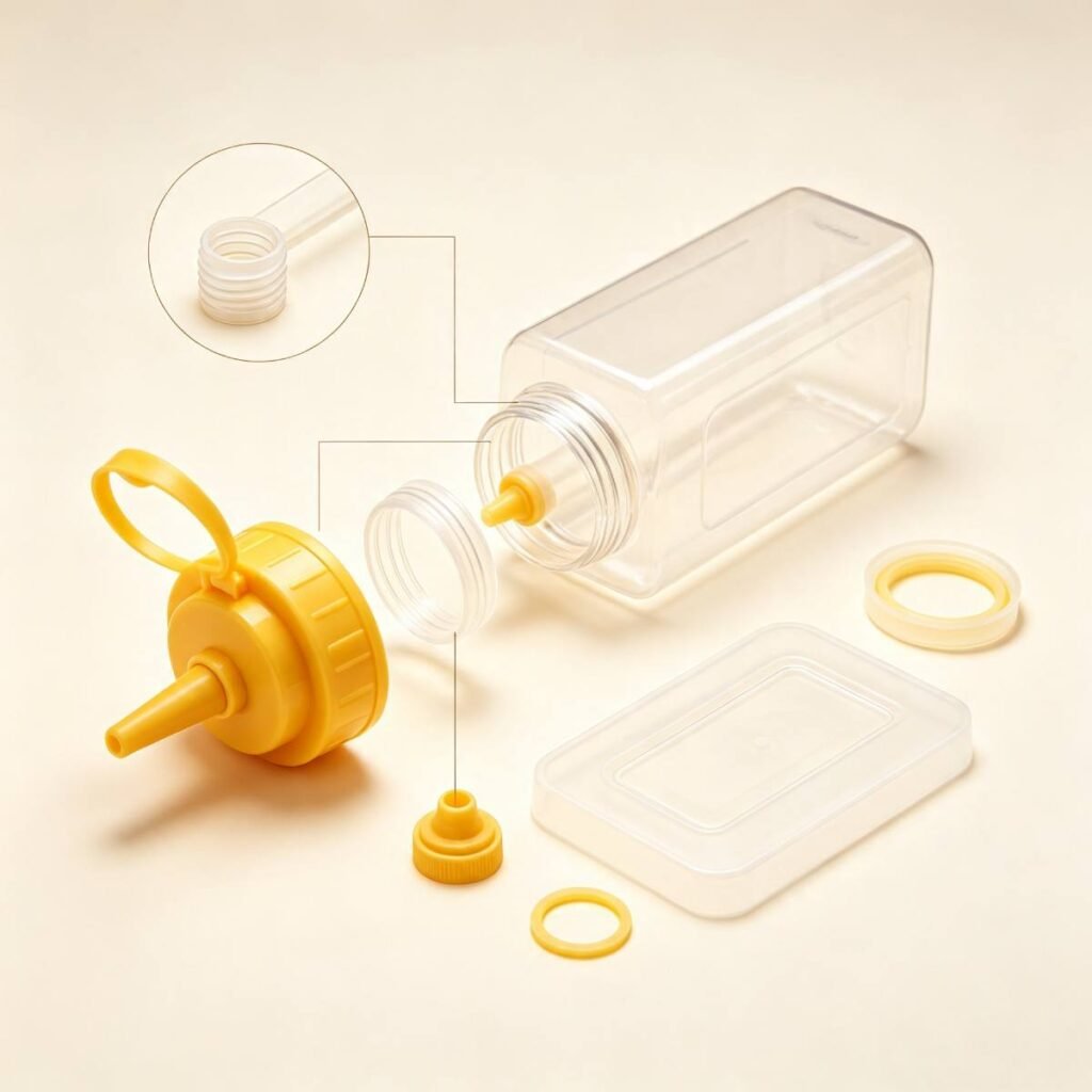 Food grade PP material condiment squeeze bottle structure detail, safe for sauce and condiment packaging