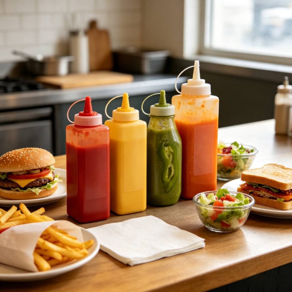 Plastic condiment squeeze bottles used in restaurant kitchen for ketchup, mustard and hot sauce serving