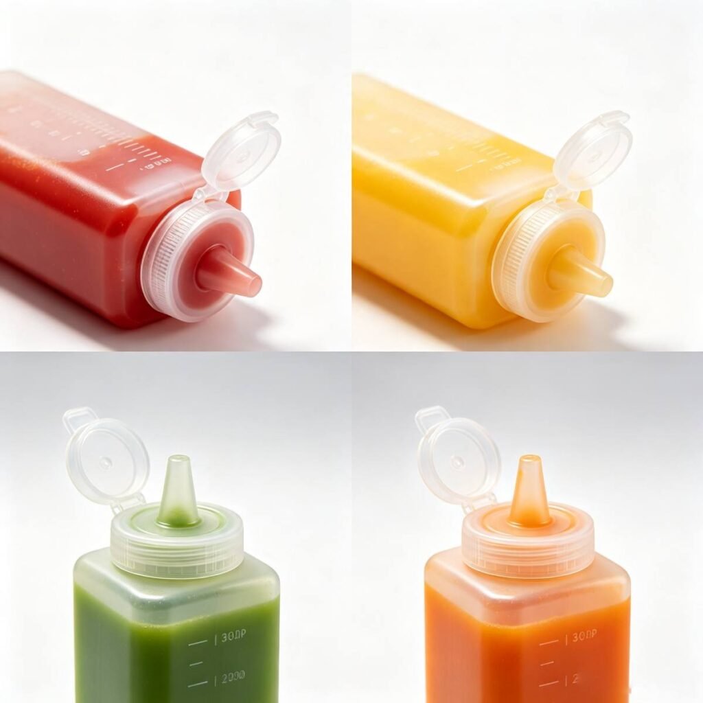Leak proof flip cap design condiment squeeze bottle, smooth dispensing plastic sauce bottle detail
