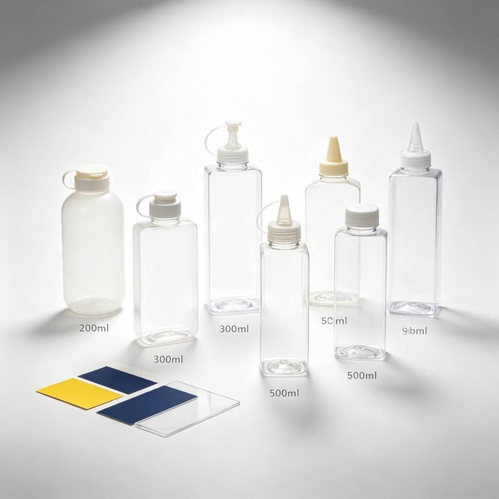 Custom size and label condiment squeeze bottles, multi-capacity plastic sauce bottles for B2B wholesale
