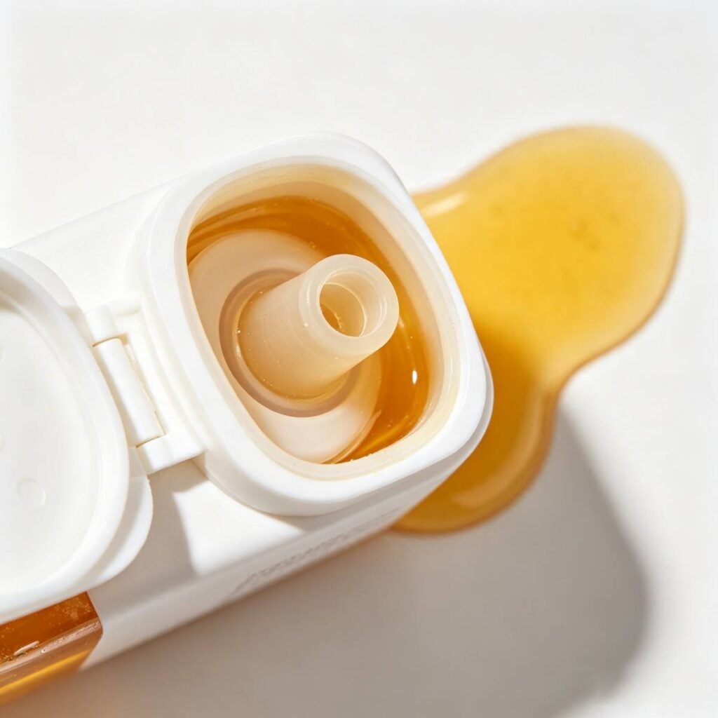 Close-up view of silicone anti-drip valve flip top cap for food squeeze bottle, showing sealing structure