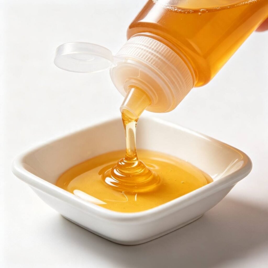 Food squeeze bottle demo, squeezing honey out with silicone valve flip cap, no dripping at nozzle