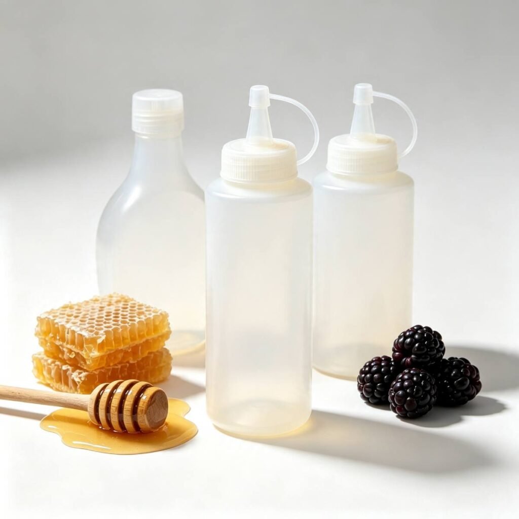 PP plastic squeeze bottles with silicone valve flip cap filled with honey and fruit jam, food packaging application display