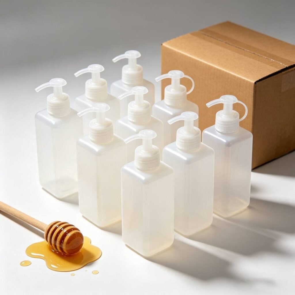 Stacked food grade squeeze bottles with silicone valve flip cap, wholesale export packaging for condiment and honey