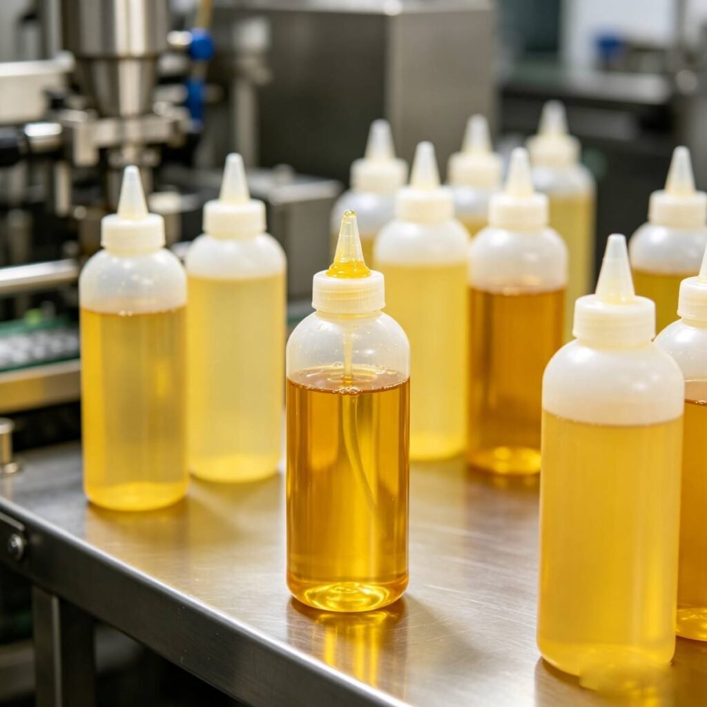 PP squeeze bottles filled with golden liquid tallow and olive oil, plastic oil bottles filling scene in clean food factory