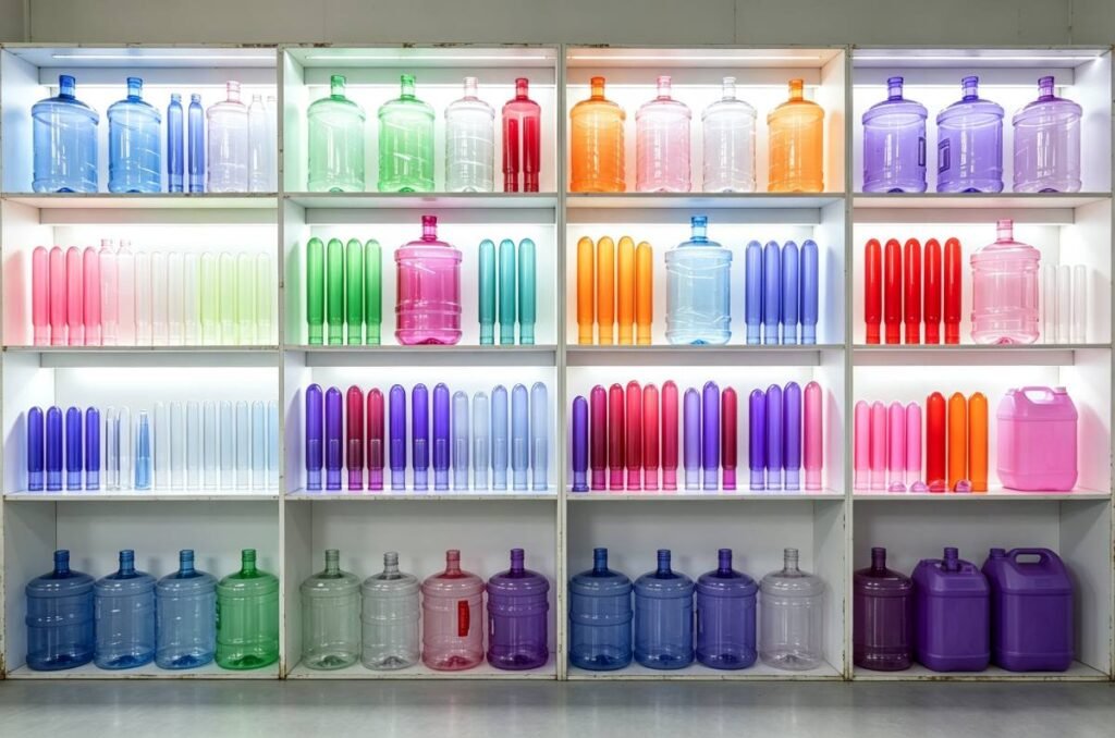 Colorful PET preform showroom display wall, various sizes and colors of PET bottle preforms and finished plastic packaging bottles for food packaging