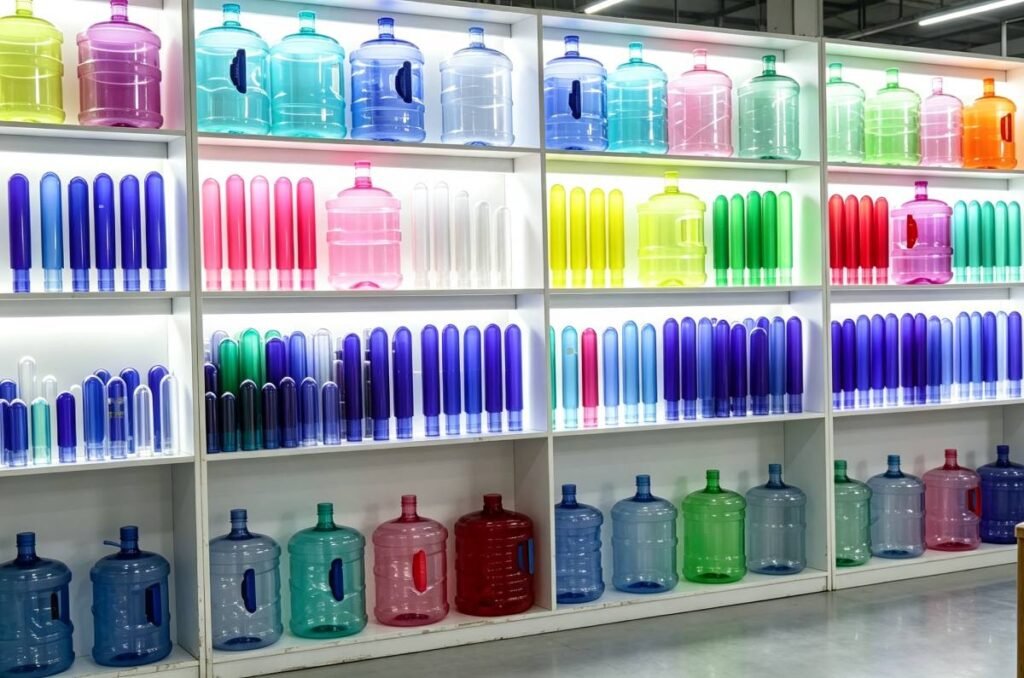 Factory sample exhibition shelves with multi-color PET preforms and finished plastic jugs, custom food plastic bottle preform manufacturer