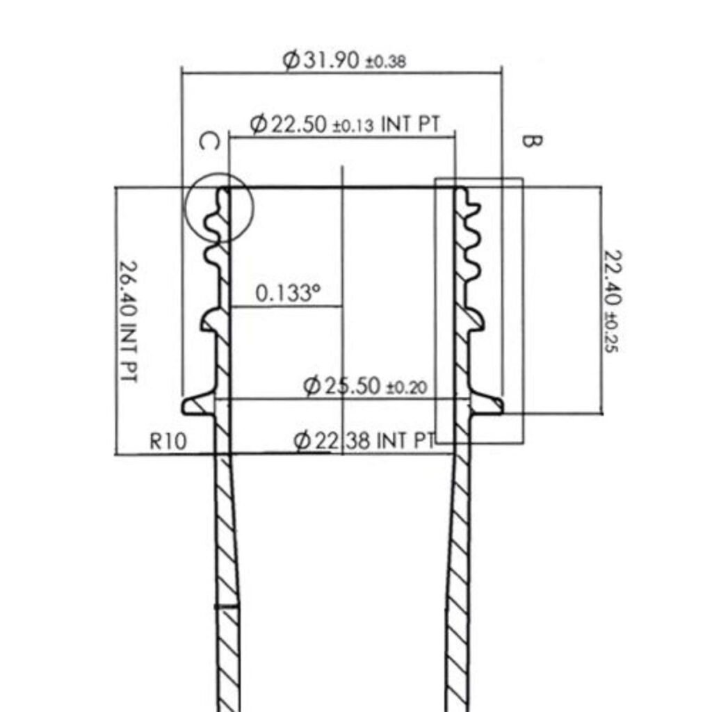 28mm PET preform neck dimension drawing for PCO1881 short neck and PCO1810 high neck bottle preforms