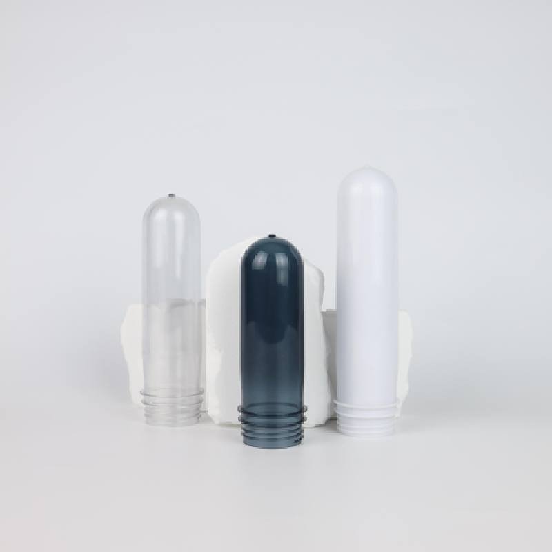 Close‑up of 45mm PET preform neck with single start and 3 start thread, different spiral designs for food packaging screw caps