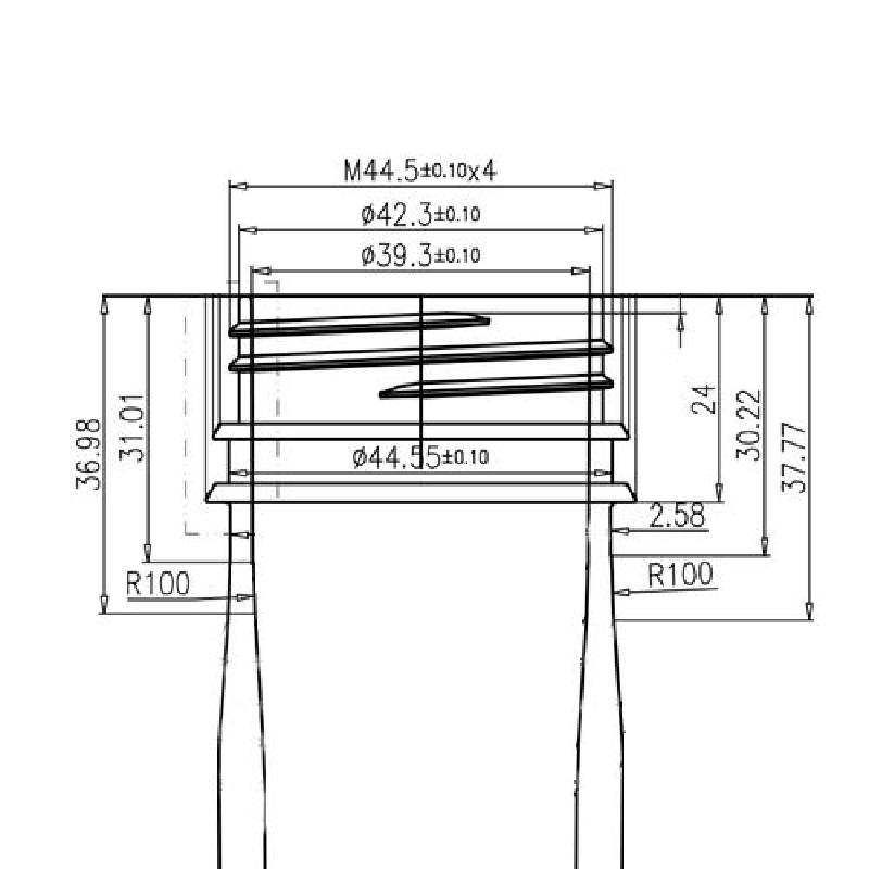 Engineering dimension drawing for 45mm thread neck PET preform, single start and 3 start thread technical specs for blow mold reference