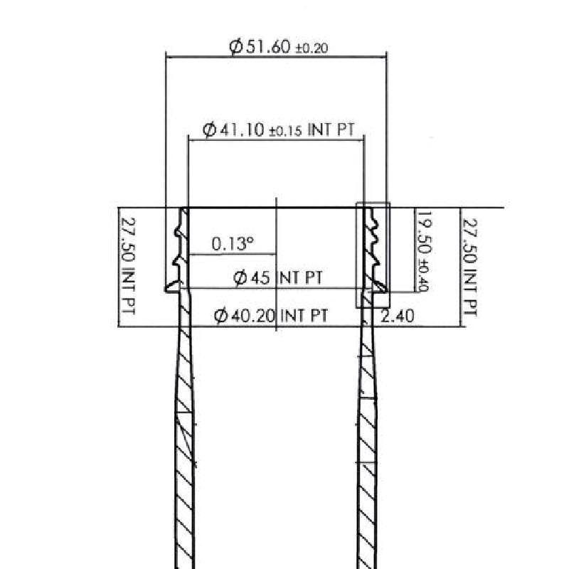 Full dimension engineering drawing of 48/41 standard 48mm thread PET preform, technical specs for blow mold and cap design reference