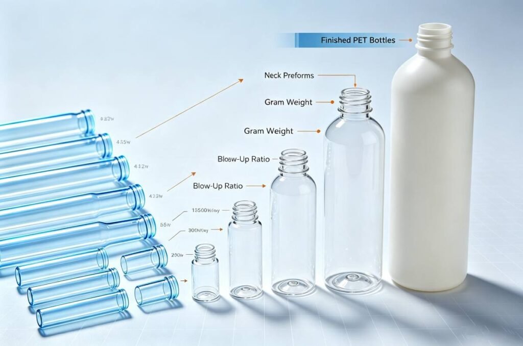 PET preform and corresponding finished bottles by volume, neck and gram weight
