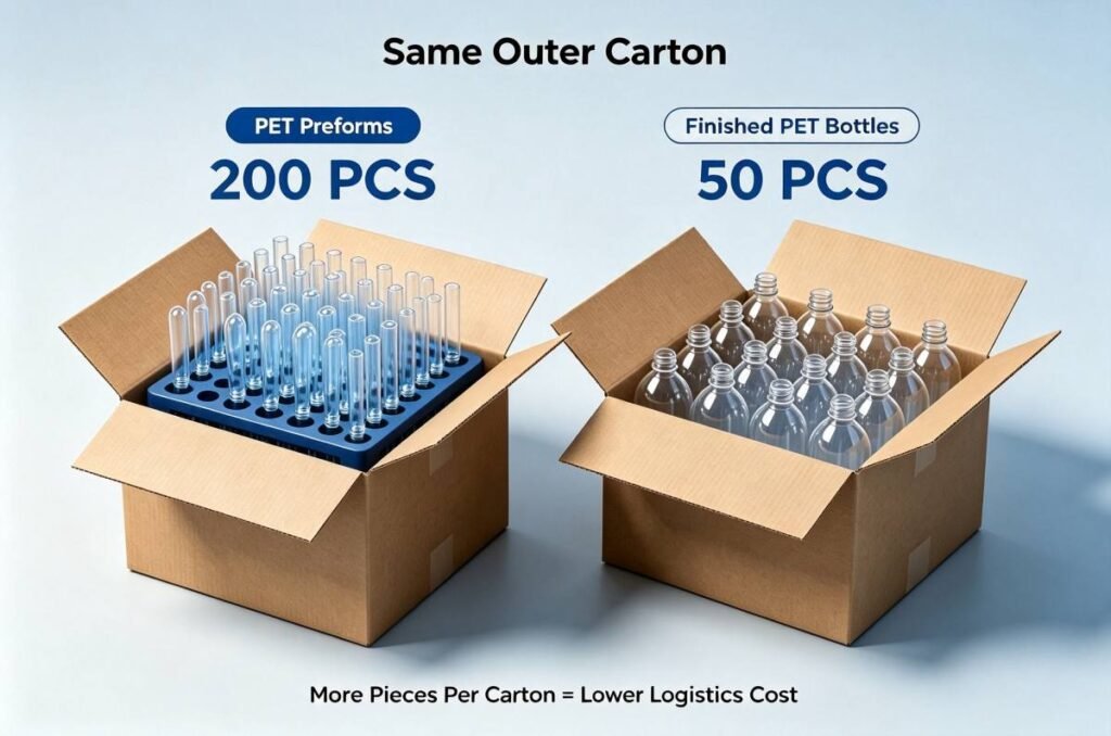 Container load comparison: PET preforms vs empty finished bottles for logistics cost saving