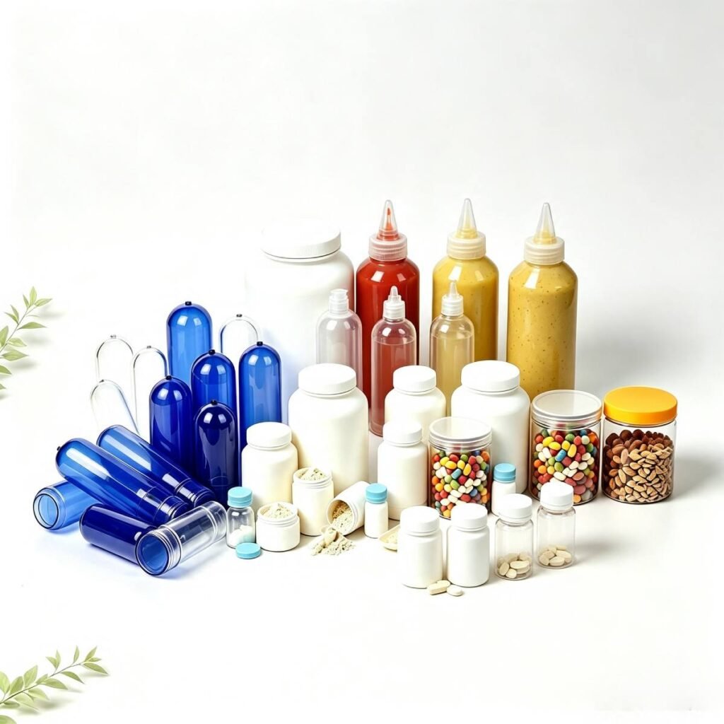 PET preforms and various plastic packaging bottles by Brotherpack, including squeeze sauce bottles, food jars and medical‑grade plastic containers for food and healthcare packaging.